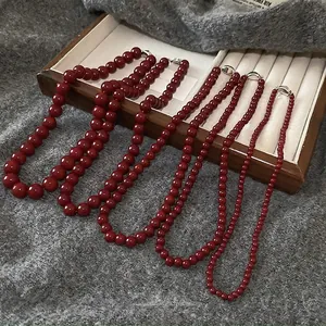 Beaded Necklace Red Glass Round Beads Copper Clavicle Chain Vintage Fashion Elegant Jewelry For Women