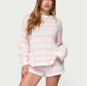 Abbigliamento Da Casa In Maglia A Righe Da Donna Top A Maniche Lunghe Girocollo E Pantaloncini Con Coulisse Pigiami Casual