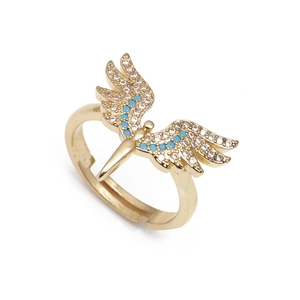 Minimalist 18K gold plated wing ring featuring sparkling cubic zirconia and blue beads