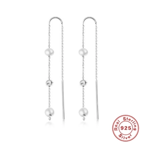 Elegant S925 sterling silver long tassel threader earrings with white pearls for women
