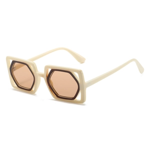 Fashion square hollow frame sunglasses in cream beige with tea-tinted lenses for women