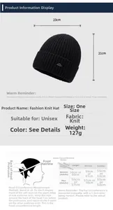 Size chart showing width 23cm, height 21cm for black knit winter beanie for men and women
