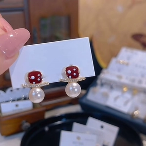 18K gold-plated square mushroom enamel and pearl drop earrings shown on hand