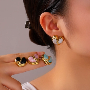 Fashionable heart earrings in colorful enamel and gold finish for women's jewelry