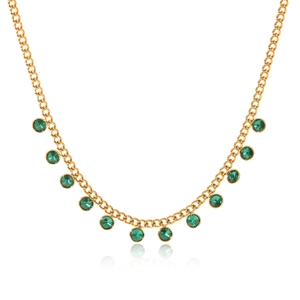 Close-up of gold stainless steel necklace with green round zircon stone pendants