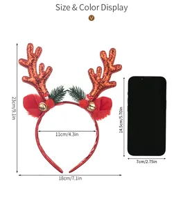 Size chart showing red sequin Christmas reindeer antler headband with bell details