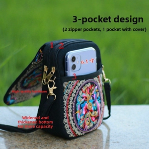 Ethnic embroidery crossbody bag with three pockets fitting a 6.1 inch phone