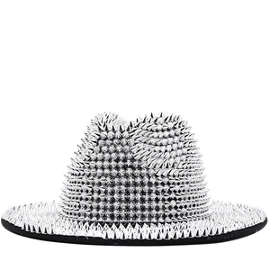 Punk style black fedora hat decorated with silver metal studs and rivets for parties