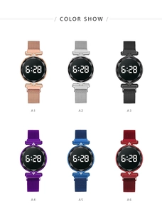 Muestra de relojes LED con diamantes en seis colores y correas de malla milanesa