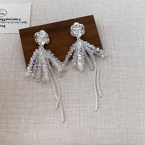 Korean Style Flower Glass Tassel Drop Earrings With 925 Sterling Silver Earring Post For Women Elegant Jewelry Gift