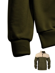 Detail of olive green waffle knit fabric and zipper collar on men's pullover sweatshirt