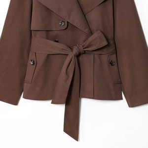 Women's dark brown short trench coat with tie waist belt and double-breasted buttons