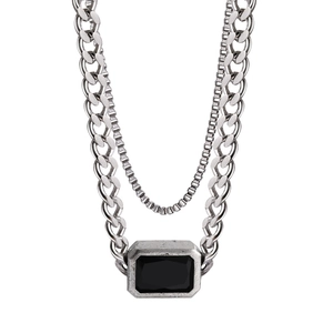 Retro silver layered Cuban chain necklace featuring a vintage black rectangular gemstone pendant