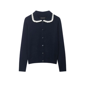 Women Knitted Cardigan Peter Pan Collar Crochet Lace Trim Long Sleeve Button Up Soft Sweet Style Sweater