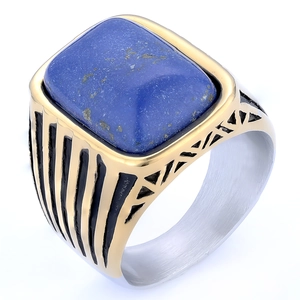 Detail of vintage square lapis lazuli ring with two-tone gold and silver finish