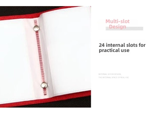 Detail of red card holder showing 24 transparent slots for credit cards and IDs