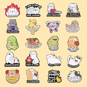 20-piece set of cartoon animal enamel pins with funny English phrases on yellow background