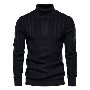 Slim fit men's black turtleneck sweater featuring vertical ribbed knit texture for winter