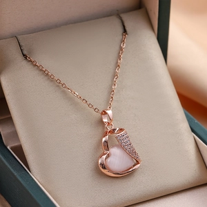 Elegant 18k gold plated heart necklace with pink cat eye stone in a jewelry gift box