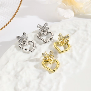 Orecchini a Goccia Cuore Fiocco per Donna Rame Intarsiato con Zirconia Placcato Oro 18K Elegante Minimalista Gioielli Regalo