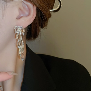Macro shot of silver zircon wing leaf earrings with sparkling rhinestone fringe details