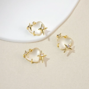 Golden heart pendant with milky stone and star zircons for necklace jewelry making