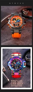 Close-up of waterproof dual-display sports watches with colorful silicone straps and metal cases
