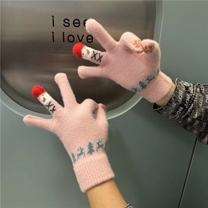 Pink winter knit gloves with snowman and reindeer patterns for touch screen use