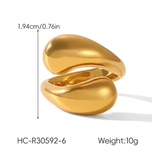 Detail of 18k gold plated chunky ring showing 1.94cm height and water drop design