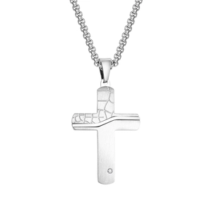 Silver stainless steel cracked cross pendant with small diamond on box chain