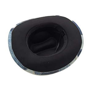 Close-up of denim patchwork fedora interior with adjustable strap and material tag