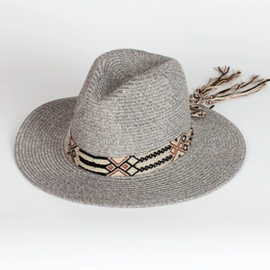 Gray Bohemian woven straw fedora hat with ethnic patterned ribbon and colorful tassels