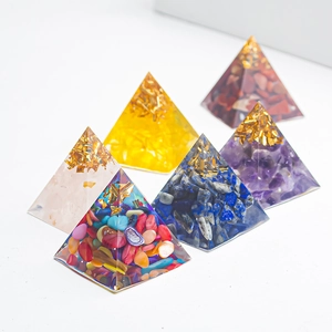 Set of six 3cm handmade crystal resin pyramids with colorful gemstones and gold leaf