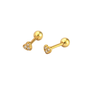 S925 silver gold-plated heart stud earrings with three sparkling zircons and screw backs