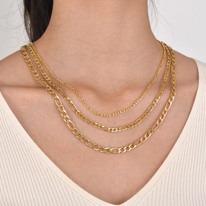 Three-layer gold Figaro chain necklace for women, stacked minimalist choker style jewelry