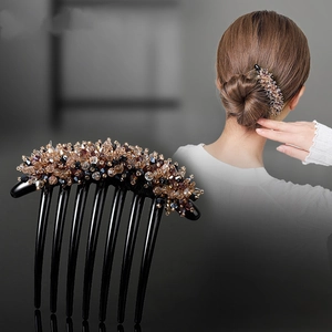 Detail of beaded hair comb and back view showing the styling effect in a bun