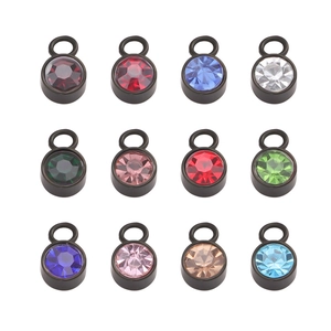 Set of 12 round 6mm stainless steel birthstone charms in black finish with faceted gems