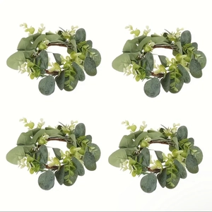Set of 4 green eucalyptus candle ring wreaths for wedding and party table decoration