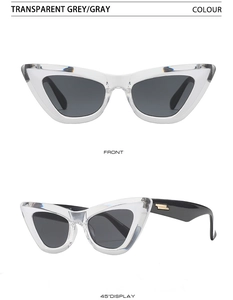 Front and 45-degree angle view of transparent grey cat-eye sunglasses for women