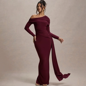 Robe Maxi À Épaule Dénudée Manches Longues Moulante Froncée Coupe Ajustée Robe De Soirée Élégante