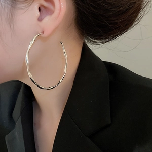Close-up of a twisted silver hoop earring on a model, showing sleek metallic texture