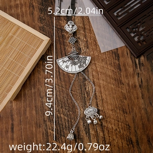 Detail of vintage silver fan brooch with tassel and dimensions in Chinese style