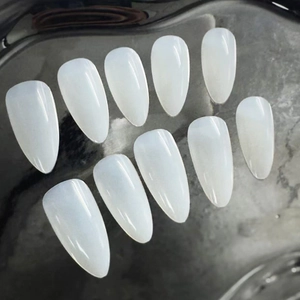 Press On Nails Creamy White Translucent Almond Shape Solid Color Glossy Medium Length Artificial Finger Nails For Women