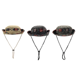 Durable outdoor hiking bucket hat with ethnic patterned band and adjustable chin strap