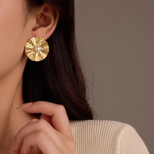 Irregular Round Artificial Pearl Stud Earrings For Women Stainless Steel 18K Gold Plated Textured Baroque Vintage Style Jewelry