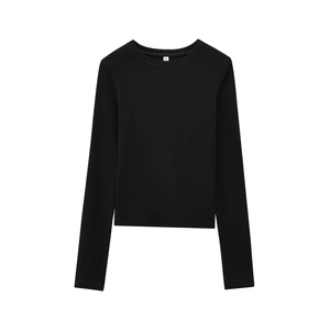 Close-up of black ribbed modal fabric texture and round neckline stitching on S size shirt