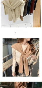 Detail showing various colors and a model wearing the soft cotton linen knit shawl