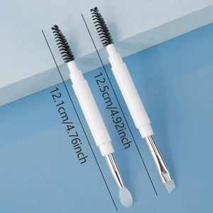 Dual-head makeup brush details featuring spiral spoolie and silicone tip for brow grooming
