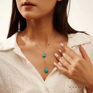 Y-shaped S925 silver necklace with teardrop turquoise pendants on gold chain