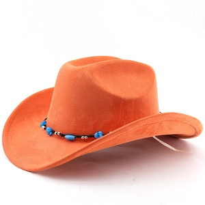 Detail of bright orange suede cowboy hat featuring a black cord with blue stone beads